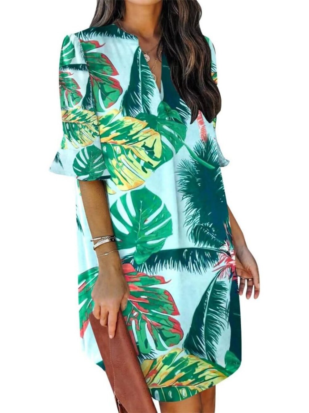 Chic Summer V Neck Ruffle Short Sleeve Shift Dress for Women - Perfect for Any